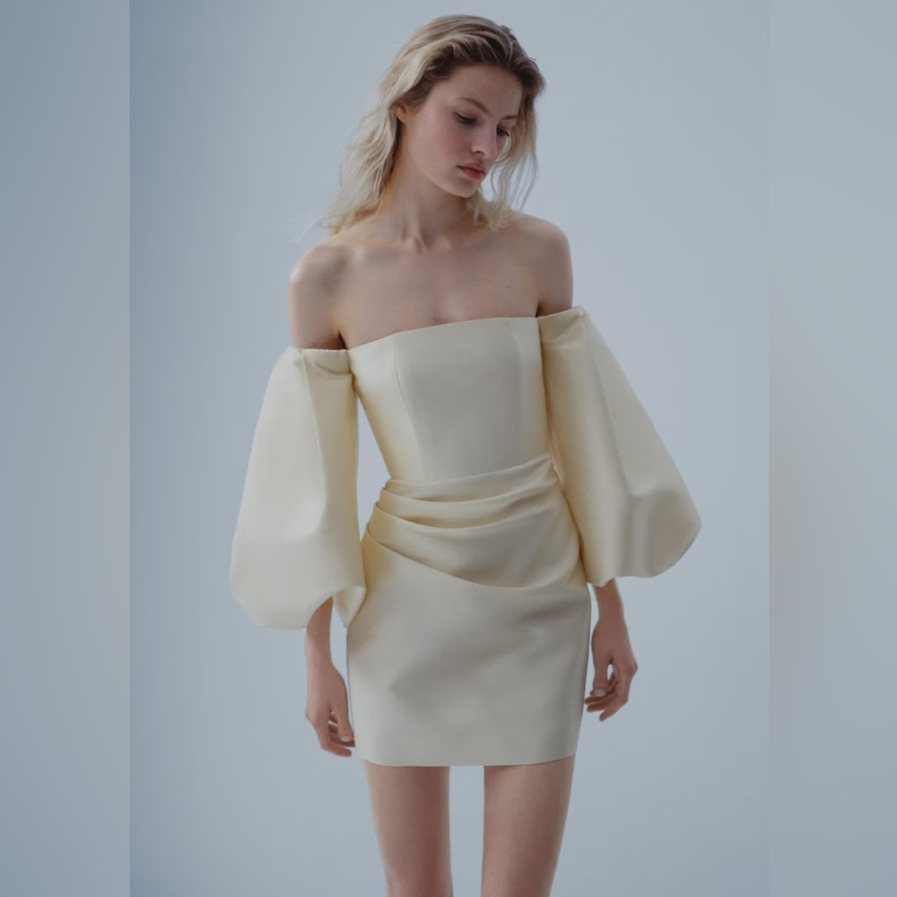 Mango Satin mini dress ivory puffed sleeves